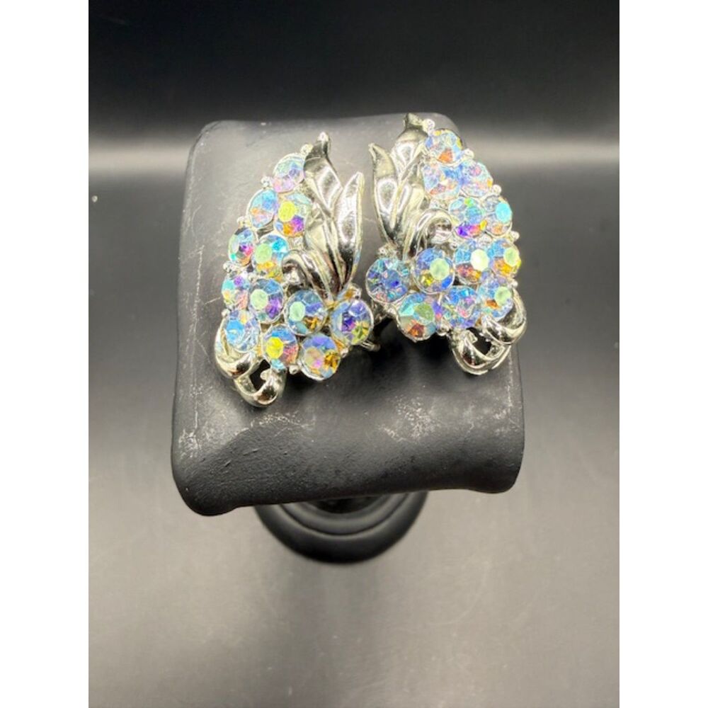 CORO Vintage 1950s Aurora Borealis Rhinestone Clip On Earrings Silver Tone